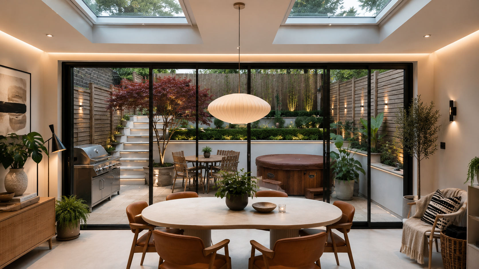 Aluminium sliding doors connecting a garden-facing living space