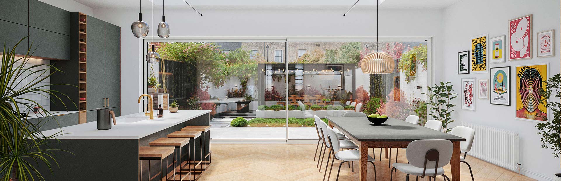 Aluminium sliding doors opening onto a garden-facing living space