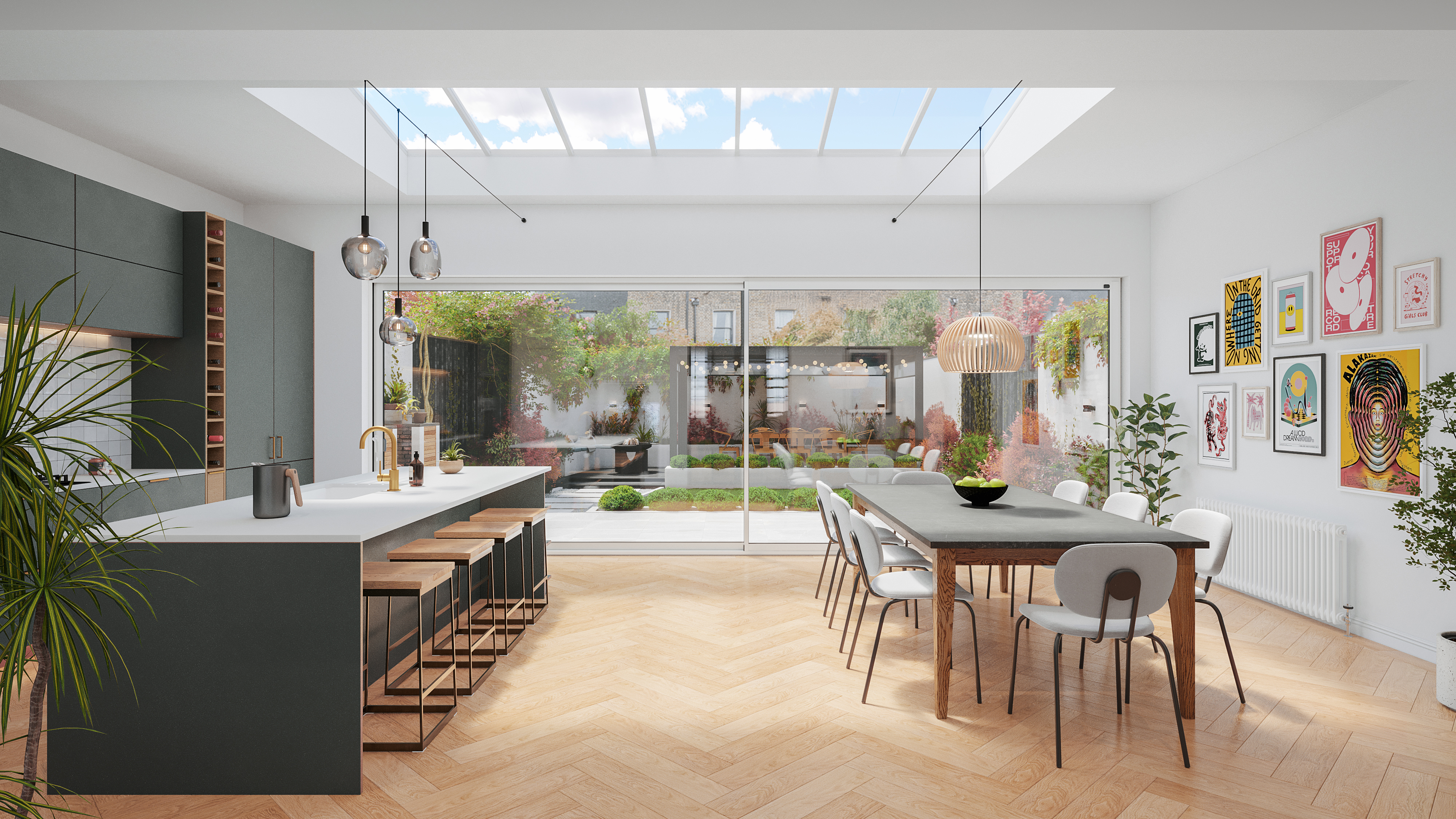 Aluminium sliding doors connecting a garden-facing living space